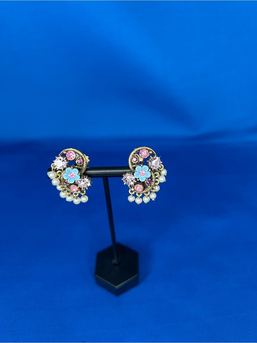 Vintage Florenza Gold Floral Drop Earrings with Pink, Blue & Pearl Accents clip
